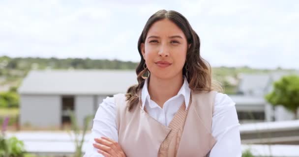 Portrait Face Business Woman Rooftop Mission Vision Goals Company Success — Vídeo de stock