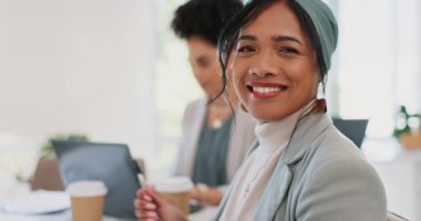 Face, leadership and woman in meeting in office ready for tasks, goals or targets. Ceo, boss and happy female entrepreneur with vision, mission and success mindset sitting with coworker in workplace