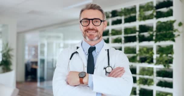 Face Man Doctor Arms Crossed Healthcare Hospital Organic Medicine Smile — Stock Video