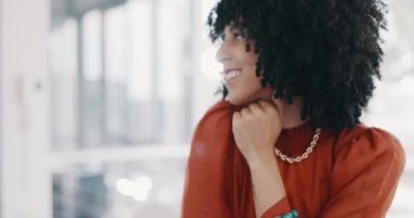 Face, vision and mindset with a business black woman sitting at a desk with her hand on her chin. Portrait, happy and smile with a female employee thinking about future growth or company development.