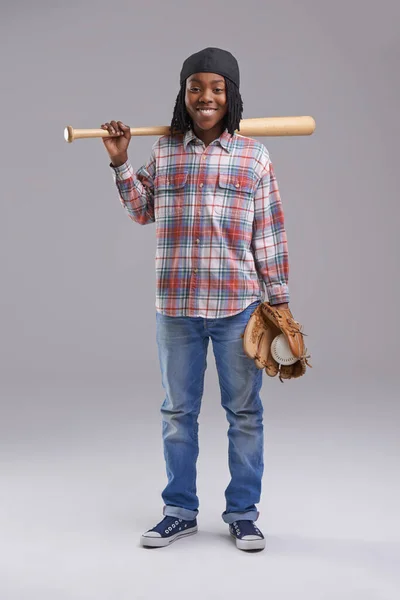 Ready Bat Away Studio Shot Young Boy Baseball Gear — Fotografia de Stock