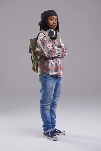 Has Attitude African American Boy Listening Music His Headphones — Stockfoto