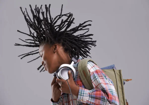 Whipping His Dreads Black Teen Listening Music His Headphones — Fotografia de Stock