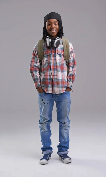 Has Style African American Boy Listening Music His Headphones — Stockfoto