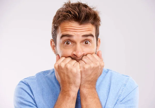 Nail Biting Studio Shot Handsome Young Man Biting His Fingernails — Stock fotografie