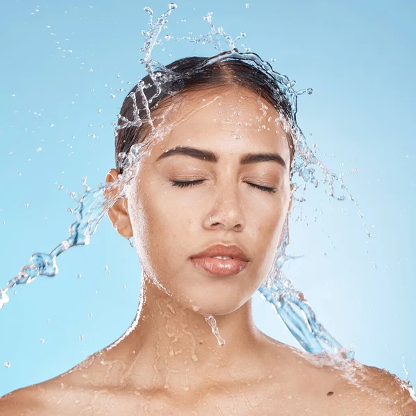 Woman Washing Face Water Splash Skincare Blue Background Studio Healthcare — Foto Stock