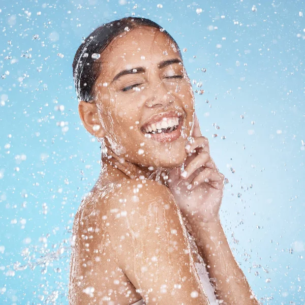 Laughing Woman Face Skincare Water Splash Blue Background Studio Healthcare — Foto Stock