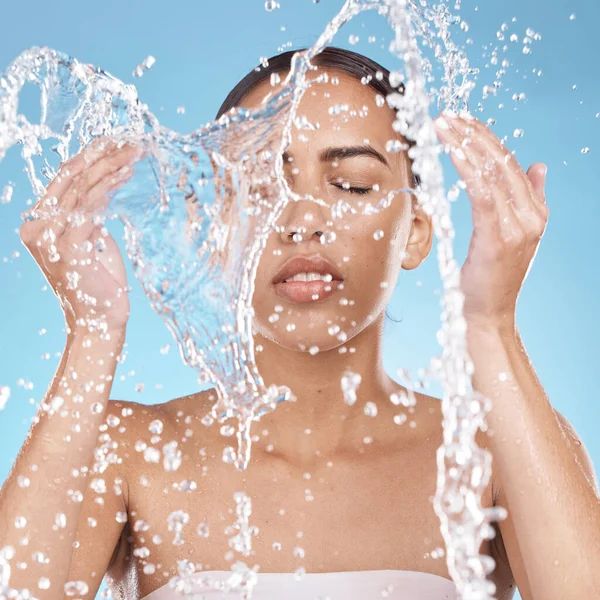Woman Hands Washing Face Water Splash Blue Background Studio Dermatology — Foto Stock