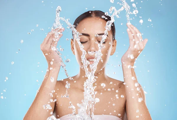 Woman Skincare Washing Face Water Splash Blue Background Studio Healthcare — Foto Stock