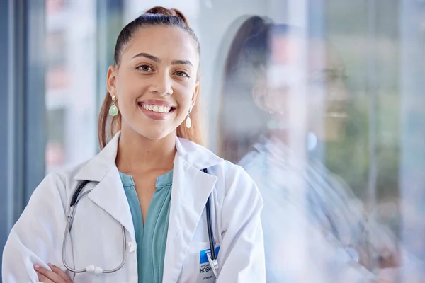 Health portrait, doctor and woman with smile in hospital, happy with success in cardiovascular healthcare. Medical professional smile, cardiology and female in medicine with health care mockup.