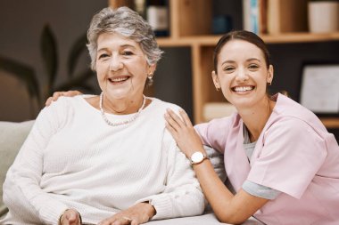 Caregiver, senior woman and support portrait for healthcare wellness, medical professional and patient happiness in retirement home. Elderly person, nurse and happy smile together in nursing home.