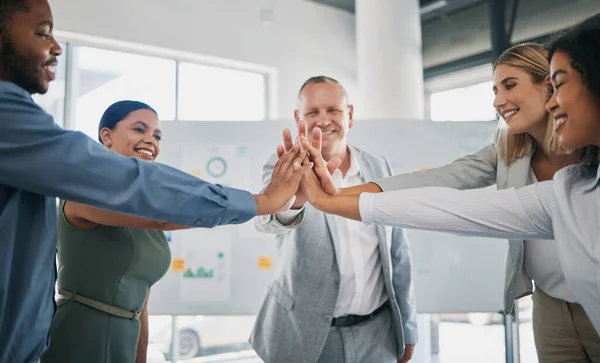 High five, diversity team celebration and business people celebrate financial profit success. Team building meeting, infographics or worker collaboration workforce happy with target goals achievement.