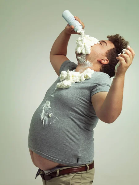 Now Cherry Top Overweight Man Filling His Mouth Whipped Cream — Stock Photo, Image