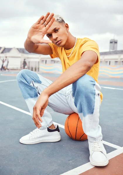 Basketball Fashion Portrait Black Man Basketball Court Hand Frame Beauty — Stock Photo, Image
