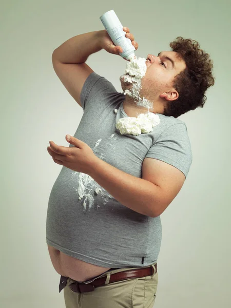 Cherry Top Overweight Man Filling His Mouth Whipped Cream — Stock Photo, Image