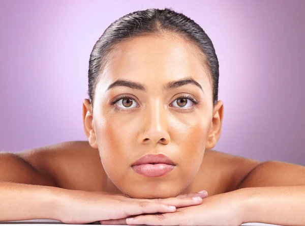Face, woman and beauty skincare and portrait, microblading with makeup and natural cosmetics against purple background. Eyes, vision and healthy skin glow, shine and cosmetic care, lashes and lips.