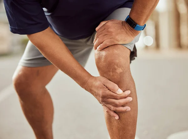 Fitness Knee Pain Hands Black Man Muscle Ache Painful Joint — Fotografia de Stock