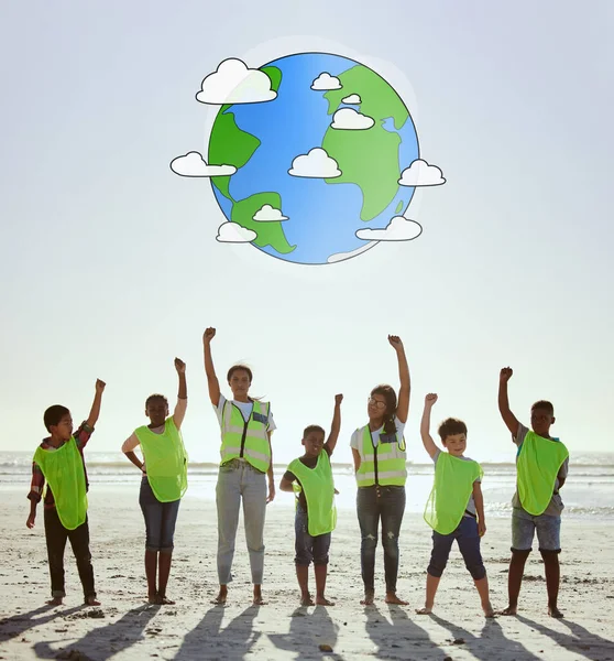 Support Earth Day Portrait Children Beach Cleaning Sustainability Digital Earth — Foto de Stock