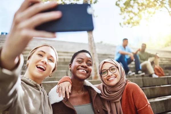 Students Diversity Phone Selfie College Campus Bleachers University Stairs School — Stockfoto