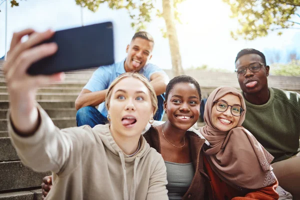 Students Funny Faces Phone Selfie University Steps College Campus School — Stockfoto
