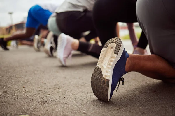 Shoes Fitness People Start Marathon Race Performance Goals Workout Runners — Zdjęcie stockowe