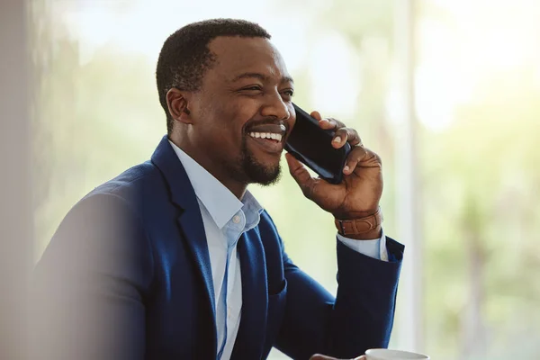 Phone Call Communication Negotiation Business Black Man Talking While Working — Stock fotografie
