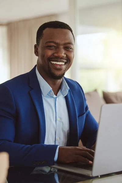 Happy Business Portrait Black Man Laptop Planning Connection Email Work — Stock fotografie