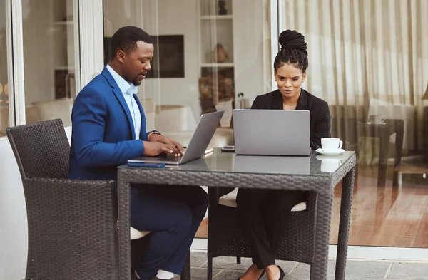Laptop, thinking or black people working remote for idea planning, creative strategy or teamwork networking. Corporate, tech or woman and man for collaboration, research or business website update.