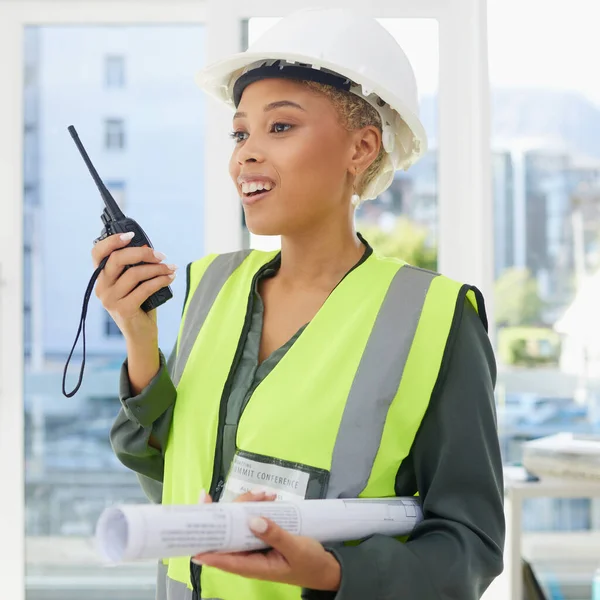 Construction Walkie Talkie Portrait Black Woman Blueprint Engineering Building Architecture — Stock Fotó