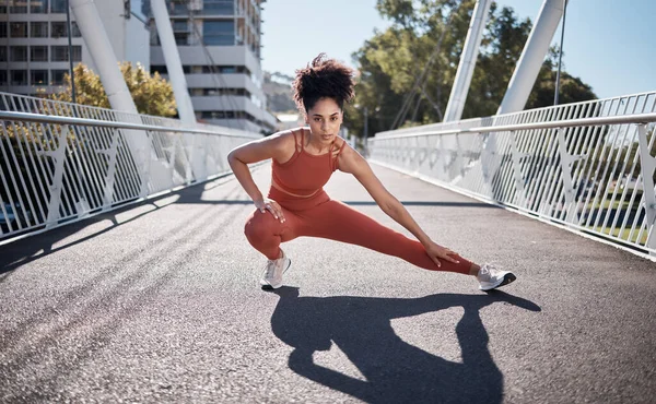 Stretching Legs Fitness Portrait Woman City Bridge Exercise Runner Training — Zdjęcie stockowe