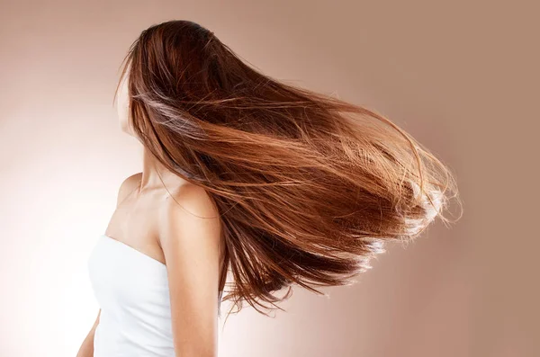 Beauty, hairstyle and hair care of woman in studio on a brown background. Haircare, cosmetics and aesthetics of young female model with balayage after salon treatment for healthy growth and texture