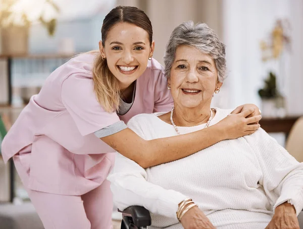 Women portrait, senior or wheelchair support in nursing home, house living room or wellness rehabilitation clinic. Smile, happy or healthcare nurse with retirement elderly in disability mobility aid.
