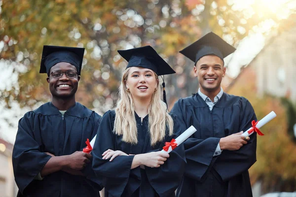 Education, arms crossed and portrait of friends at a graduation for future success, school certificate and college motivation in Canada. Graduate, happy and students with a diploma from university.