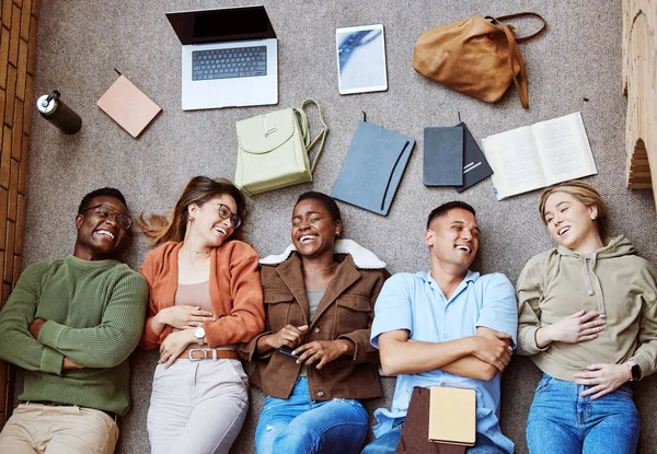 College Floor Diversity Laughing Students Relax Group Project Research Education — Stockfoto