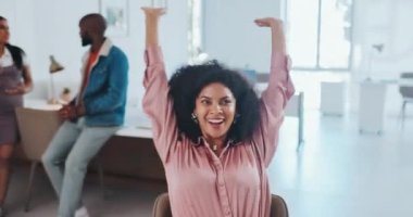 Rewind, winner and documents with a business black woman throwing paper at work in celebration of a goal or target. Motivation, success and goals with a female employee celebrating in her office.