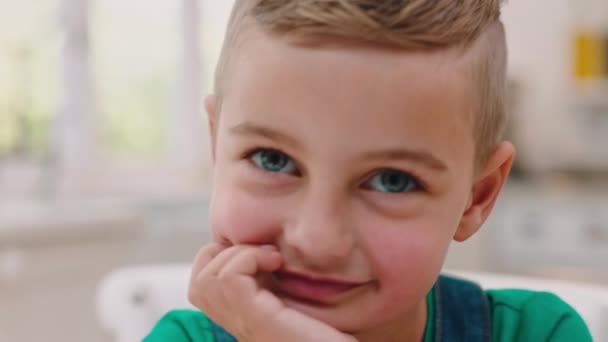 青い目で家にいる男の子の幸せ 子供と顔 健康的な成長とスウェーデンの若者の発展 かわいい子供の肖像画 笑顔と楽しい 幸福と子供のライフスタイルのために家の中で一人でリラックス — ストック動画
