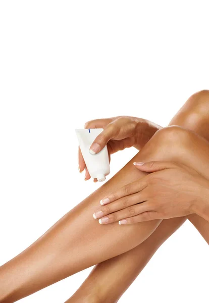 Legs Hands Woman Cream Product Studio White Background Skincare Makeup — Foto Stock
