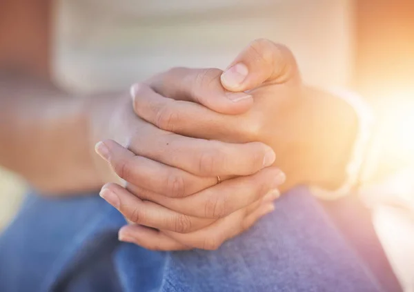 Woman, hands clasped and nervous depression, anxiety or mental health in psychology crisis, problem or bipolar risk. Zoom, prayer fingers or person with stress, burnout counseling help or mind trauma.