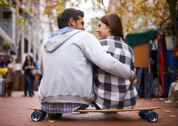 Romantic Break Longboarding Rearview Shot Young Couple Sitting Skateboard Looking —  Fotos de Stock