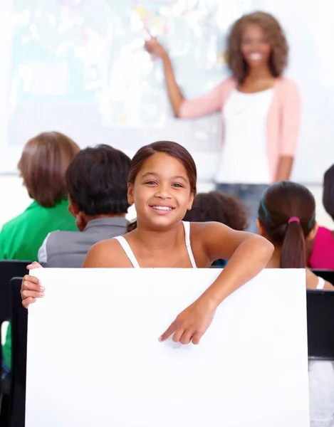Our Lesson Today Portrait Young Schoolgirl Holding Your Copyspace Class — Foto Stock