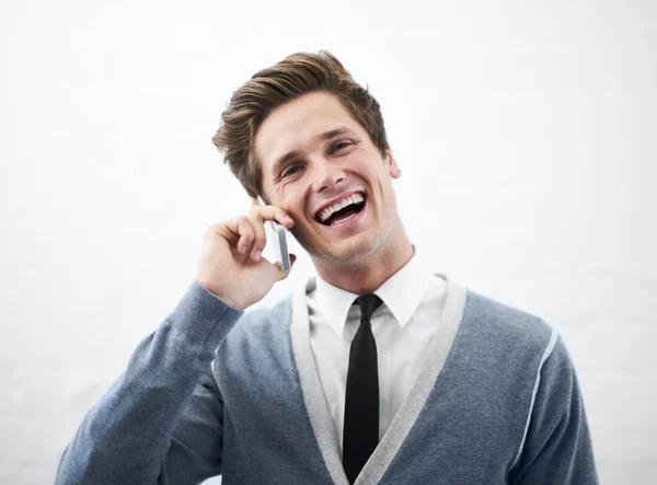 Its Great Hear You Young Man Laughing Talking His Cellphone — Fotografia de Stock