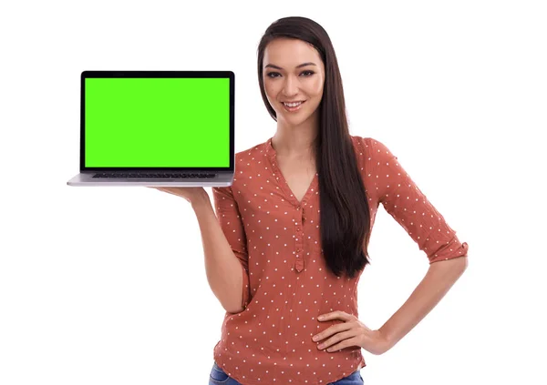 stock image Green screen, laptop and portrait of Asian woman on a white background for website, digital logo and information. Marketing, advertising and isolated girl with computer screen mockup for online data.