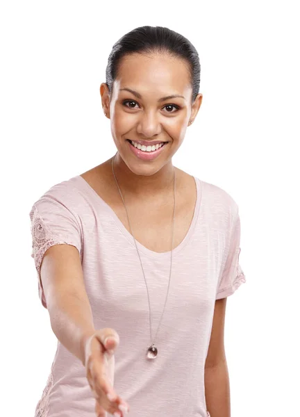Handshake Happy Portrait Woman Studio Greeting Welcome Agreement Friendly Happiness — Stock Fotó