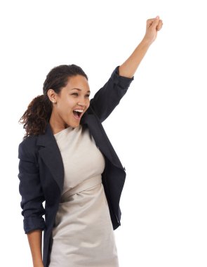 Success, celebration and business woman with arm up and white background mockup. Wow, celebrate and happy successful corporate black woman with smile, empowerment and happiness, celebrating new deal clipart