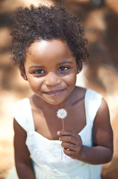 Make Wish Cute Little African Girl Looking Dandelion Smiling — Stockfoto