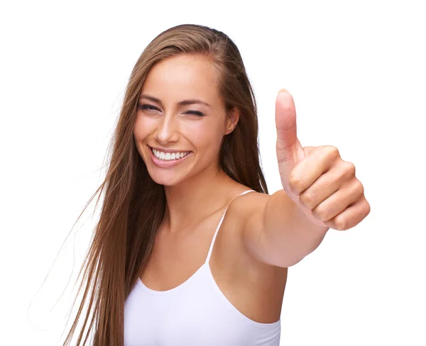Thumbs Excited Portrait Woman Achievement Isolated Studio Background Success Smile — Stock Fotó