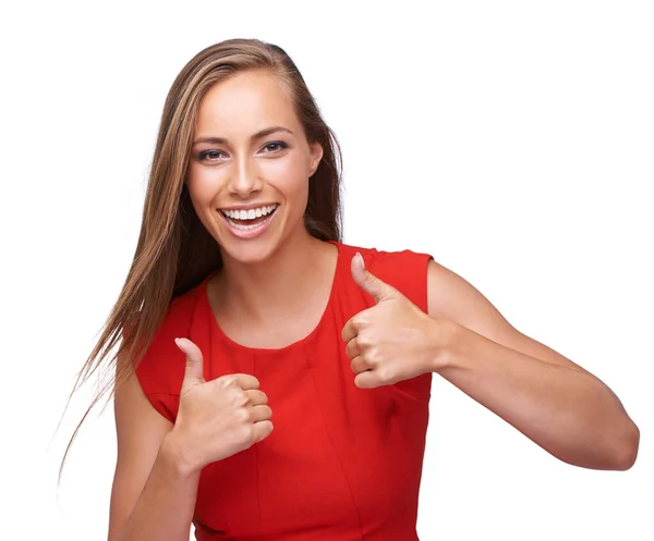 Thumbs Success Portrait Woman Smile Isolated White Background Thank You — Stock Fotó