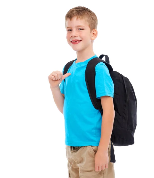 Рюкзак Щаслива Хлопчик Дитина Студії Випадковим Крутим Природним Вбранням Повернення — стокове фото