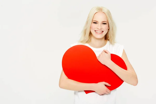 Heart Shape Portrait Woman Studio Love Sign Care White Background — Zdjęcie stockowe