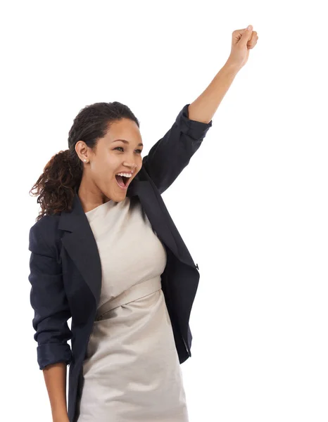 庆祝和商业女人与武装起来和白色背景的模型 庆祝成功的公司黑人女性 带着微笑 自信和快乐 庆祝新的交易 — 图库照片